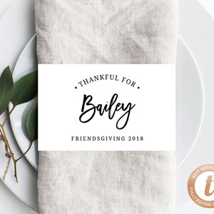 Thanksgiving Napkin Ring Template, Printable Thanksgiving Place Cards, Thankful For Place Cards, Editable Template, Friendsgiving, Templett