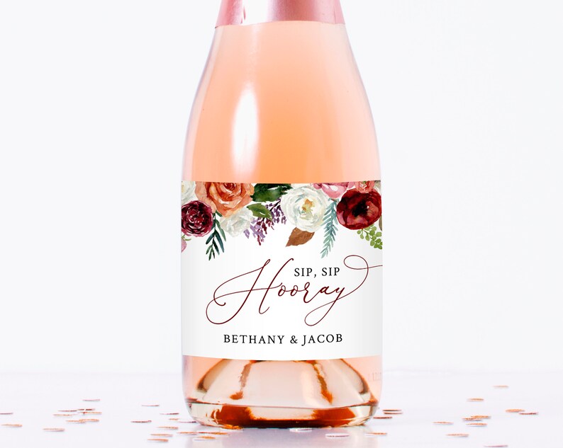 Templett W43 Boho Mini Champagne Bottle Label Template Burgundy Floral Wedding Mini Champagne Sticker Bridal Mini Champagne Labels
