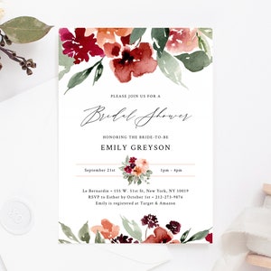 Burgundy Bridal Shower Invitation Template, Fall Bridal Shower Invite, Burgundy and Blush Floral Bridal Shower Invites, Templett, W45