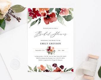 Burgundy Bridal Shower Invitation Template, Fall Bridal Shower Invite, Burgundy and Blush Floral Bridal Shower Invites, Templett, W45