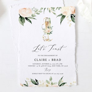 Floral Engagement Party Invitation Template, Printable Champagne Engagement Invitation, Editable Template, Templett, W41