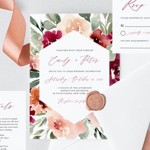 Burgundy Wedding Invitation Template, Printable Wedding Invitation Suite, Burgundy Floral Wedding Invitation Set, Templett, W45