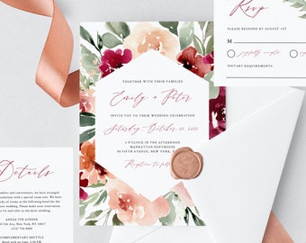 Burgundy Wedding Invitation Template, Printable Wedding Invitation Suite, Burgundy Floral Wedding Invitation Set, Templett, W45