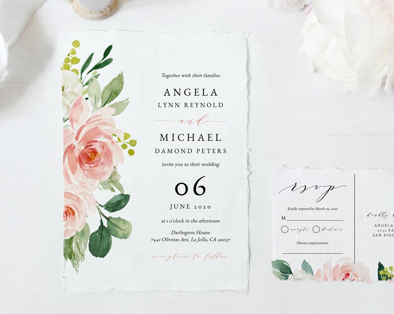 Wedding Invitation Template, Printable Wedding Invitation Suite, Blush Flowers Wedding Invitation Set, Floral Wedding, Templett, W29C image 1