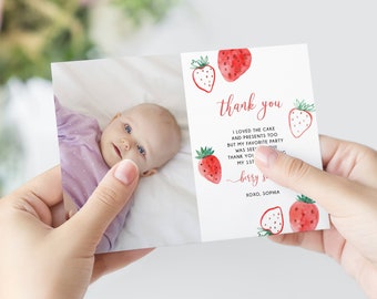 May include: A thank you card with a watercolor illustration of strawberries and the text "thank you I loved the cake and presents too but my favorite party was seeing you! Thank you for celebrating my 1st berry special XOXO, Sophia".