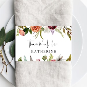 Thanksgiving Serviettenring Vorlage, druckbare Thanksgiving Tischkarten, dankbar für Tischkarten, bearbeitbare Vorlage, Friendsgiving, Templett