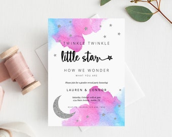 INSTANT DOWNLOAD Gender Reveal Party Invitation, Twinkle Twinkle Little Star, Boy or Girl Reveal Party Invite, He or She, Template, Templett