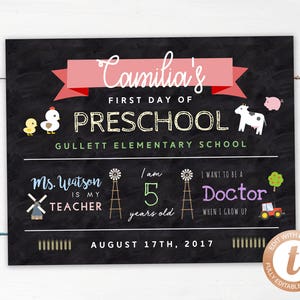 INSTANT DOWNLOAD Printable First Day of School Sign, Farm Preschool Chalkboard Sign, Kindergarten Sign, Back to School Photo Prop, Templett