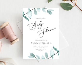Könnte beinhalten: Eine Babyparty-Einladung mit einem Aquarell-Design aus Eukalyptusblättern in Blautönen und Grün. Der Text lautet: "Bitte feiern Sie mit uns eine Babyparty zu Ehren der werdenden Mutter Brooke Snyder Sonntag, 11. November 2018 um 12 Uhr Moonshine Patio Bar Austin, TX"