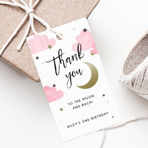 Two The Moon Favor Tag Template, Thank You To The Moon And Back Favor Tag, Gift Tag, Gold Moon Birthday Party Favor Label, Templett