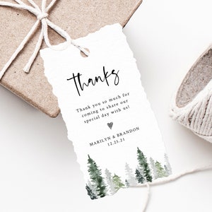 Pine Tree bruiloft gunst tags, dank u tag, bruiloft gunst tag, bos groen cadeau tag, bewerkbare gunst label afdrukbaar, Templett, W47