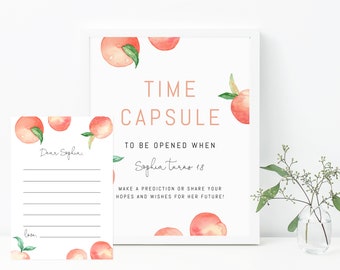 Peach Time Capsule Sign Template, Printable Peach Themed Time Capsule, Editable First Birthday Time Capsule Notes, Templett, B15