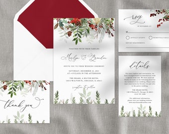 May include: A wedding invitation suite with a winter floral theme. The invitation features a watercolour illustration of greenery, berries, and flowers in shades of red, green, and white. The text reads "Together with their families, Marilyn & Brandon invite you to their wedding ceremony Saturday, December 25, 2021 at 4 o'clock in the afternoon The Drake, a Hilton Hotel 140 E Walton Pl, Chicago, IL 60611 Reception to follow". The RSVP card features a similar floral design and the text "RSVP by November 1st". The details card features a similar floral design and the text "For your comfort and convenience, we have arranged hotel accommodations with a special room rate. We have reserved blocks of rooms at the following hotel for the weekend of our wedding. Please make your reservation by October 1st and refer to the Peters wedding The Drake Hotel 140 E Walton Pl, Chicago, IL 60611 (312) 787-2100 For additional information, please visit our wedding website www.marilynandbrandon.com".