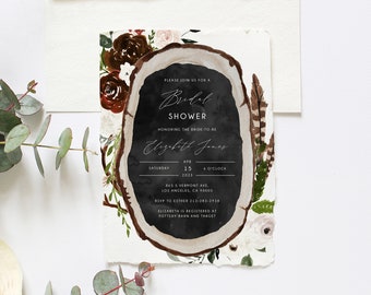 Burgundy Bridal Shower Invitation Template, Boho Chic Bridal Shower Invite, Burgundy Floral Bridal Shower Invites, Templett, W54