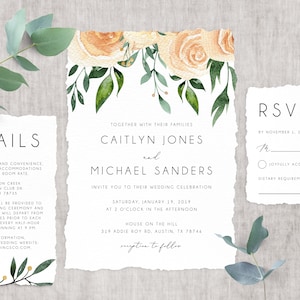 Wedding Invitation Template, Printable Peach Floral Wedding Invitation, Orange Flowers Invitation Set, Templett, Instant Download, W04B