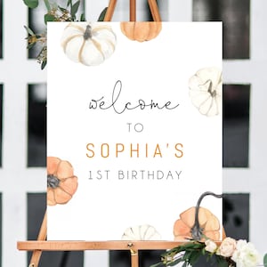 Fall Birthday Welcome Sign Template, Printable Pumpkin Baby Shower Welcome Sign, Pumpkin 1st Birthday, Templett, B35, W55