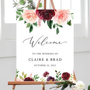 Burgundy & Blush Floral Wedding Welcome Sign Template, Welcome to the Wedding Printable, Welcome Board, Instant Download, Templett, W49