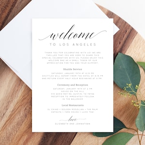 Plantilla de carta de bienvenida, tarjeta de itinerario de boda, carta de bolsa de bienvenida, agenda de boda, nota de bienvenida de hotel imprimible, Templett, W02