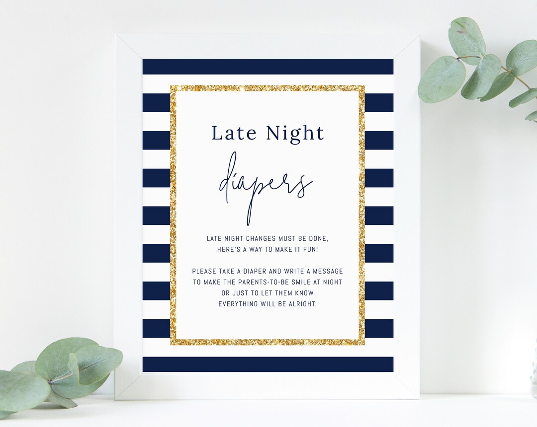 Printable Late Night Diapers Sign Template, Navy Stripes With Gold Baby ...