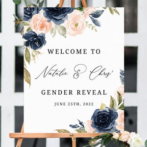 Gender Reveal Welcome Sign Template, Printable Watercolor Navy Blue and Blush Pink Gender Reveal Welcome Sign, Templett, B34