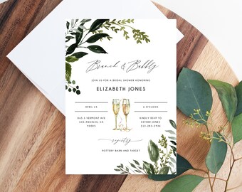 Brunch & Bubbly Invitation Template, Printable Bridal Shower Invite, Greenery Bridal Invitation, Bridal Shower Invites, Templett