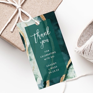 Waldgrün & Gold Favor Tag Template, Hochzeit Gunstanhänger, Teal Grüner Achat Hochzeit Geschenkanhänger, Danke Etikette Printable, Templett, W57