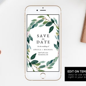 Greenery Electronic Save the Date Template, Mobile Save the Date, Phone Invite, Phone Save the Date, Editable Template, Templett W28 image 1