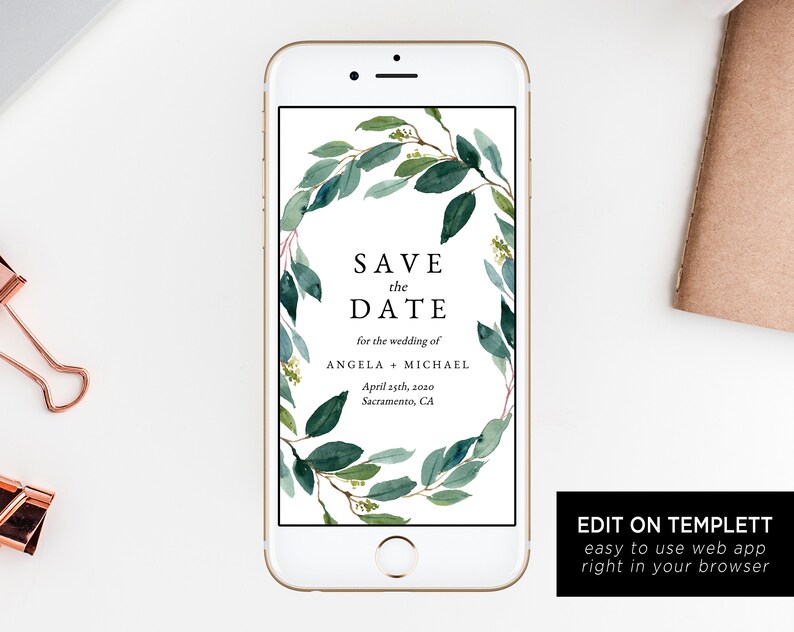 Greenery Electronic Save the Date Template, Mobile Save the Date, Phone Invite, Phone Save the Date, Editable Template, Templett W28 image 1
