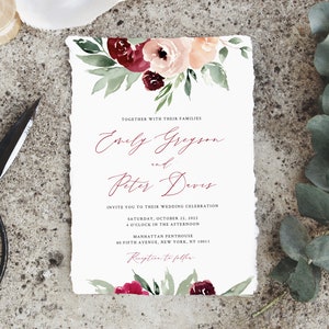 Burgundy Wedding Invitation Template, Printable Wedding Invitation Suite, Burgundy Floral Wedding Invitation Set, Templett, W45