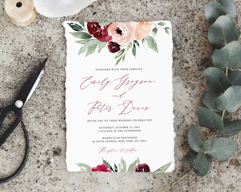 Plantilla de invitación de boda de Borgoña, suite de invitación de boda imprimible, conjunto de invitación de boda floral de Borgoña, Templett, W45 imagen 1