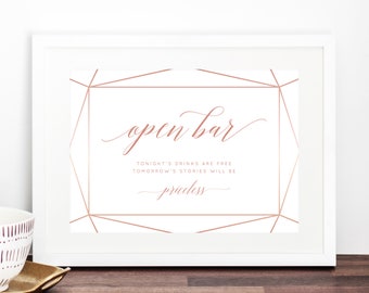 INSTANT DOWNLOAD Open Bar Sign Template, Wedding Open Bar Sign Printable, Free Drinks Sign, Reception Decor, Templett, W08