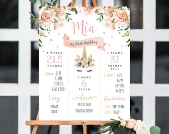May include: A pink and gold first birthday milestone poster with a unicorn illustration and floral accents. The poster lists the child's name as Mia, weight as 21.5 pounds, height as 31 inches, and other details about their first year.