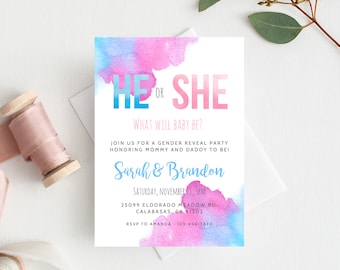 Gender Reveal Invitation Template, Blue or Pink Gender Reveal, He or She Invite, Instant Download Gender Reveal Invitations, Templett