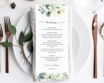 Succulent Wedding Menu Template, Printable Menu, Editable Wedding Menu, Succulent Greenery Wedding Menu, DIY Wedding Menu, Templett, W40