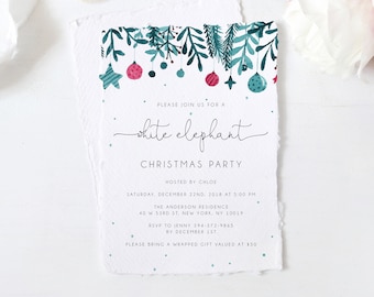 Può includere: Un invito a una festa di Natale in bianco con un design acquerellato verde acqua e rosso di ornamenti e vegetazione. Il testo recita "Si prega di unirsi a noi per una festa di Natale di elefante bianco ospitata da Chloe. Sabato 22 dicembre 2018 alle 17:00. The Anderson Residence, 40 W 53rd St. New York, NY 10019. RSVP a Jenny 394-372-9865 entro il 1 ° dicembre. Si prega di portare un regalo avvolto del valore di $ 50."