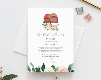 May include: A watercolour illustration of a vintage red mailbox with a floral wreath and the text "bridal shower by mail let's shower the bride-to-be Ellie Marie".
