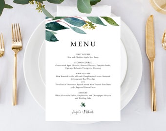 Greenery Wedding Menu Template, Printable Wedding Dinner Menu, DIY Greenery Wedding Menu Card, Instant Download, Templett, W28