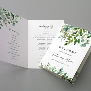 May include: A wedding ceremony program with a watercolor design of green leaves and branches. The program includes the order of the ceremony and the names of the wedding party. The front cover of the program says "Welcome to the wedding of Katie and Adam" and the date "July 17, 2021, Denver, CO".