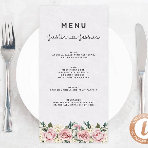 INSTANT DOWNLOAD Wedding Menu Template, Printable Wedding Menu, Roses Wedding Menu, DIY Floral Wedding Menu, Templett, W06