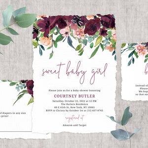 Burgundy Baby Shower Invitation Template, Printable Floral Baby Shower Invitation, Baby Shower Invitation, Baby Girl, Templett, B32