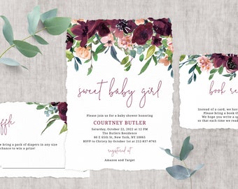 May include: A baby shower invitation with a floral design in shades of burgundy and pink. The invitation reads "sweet baby girl" and includes the details of the event, including the date, time, and location. The invitation also includes a request for guests to bring a book for the baby.