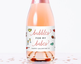 Galentine's Mini Champagne Bottle Label Template, Bubbles For My Babes Mini Champagne Sticker, Editable Label Template, Templett