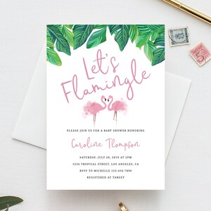 INSTANT DOWNLOAD Baby Shower Invitation Template, Tropical Baby Shower Invitations, Let&#39;s Flamingle, Beach Themed, Templett