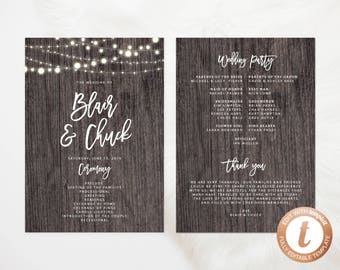 Download instantâneo modelo de programa de casamento, programa de casamento para impressão, programa de casamento editável, programas de casamento rústico, Templett, W01