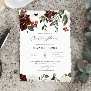 Burgundy Bridal Shower Invitation Template, Boho Chic Bridal Shower Invite, Burgundy Floral Bridal Shower Invites, Templett, W54