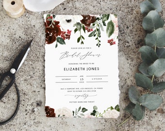 Burgundy Bridal Shower Invitation Template, Boho Chic Bridal Shower Invite, Burgundy Floral Bridal Shower Invites, Templett, W54