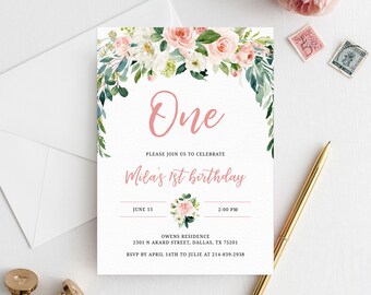 Plantilla de invitación a la primera fiesta de cumpleaños floral rosa rubor, invitación imprimible del 1er cumpleaños del bebé para niñas, invitación boho, uno, Templett