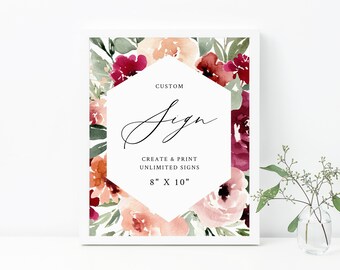 Editable Custom Sign Template, DIY Printable Unlimited Wedding Signs, Burgundy & Blush Wedding Sign, Create Your Own 8" x 10", Templett, W45