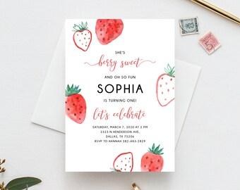 May include: A white invitation with a watercolor strawberry design. The text reads "She's berry sweet and oh so fun Sophia is turning one! Let's celebrate. Saturday, March 7, 2020 at 2 PM 2323 N Henderson Ave. Dallas, TX 75206 RSVP to Hannah 382-483-2829"