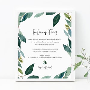 In Lieu of Favors Sign Template, Greenery In Lieu of Favors Sign, Editable In Lieu of Favors Sign, Wedding Donation Sign, Templett, W28